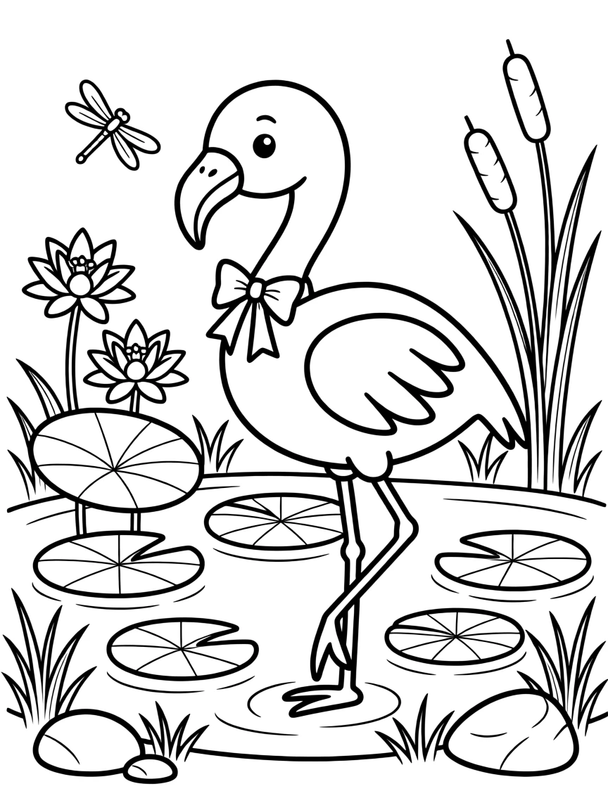 A baby flamingo standing on one leg near a lily pond