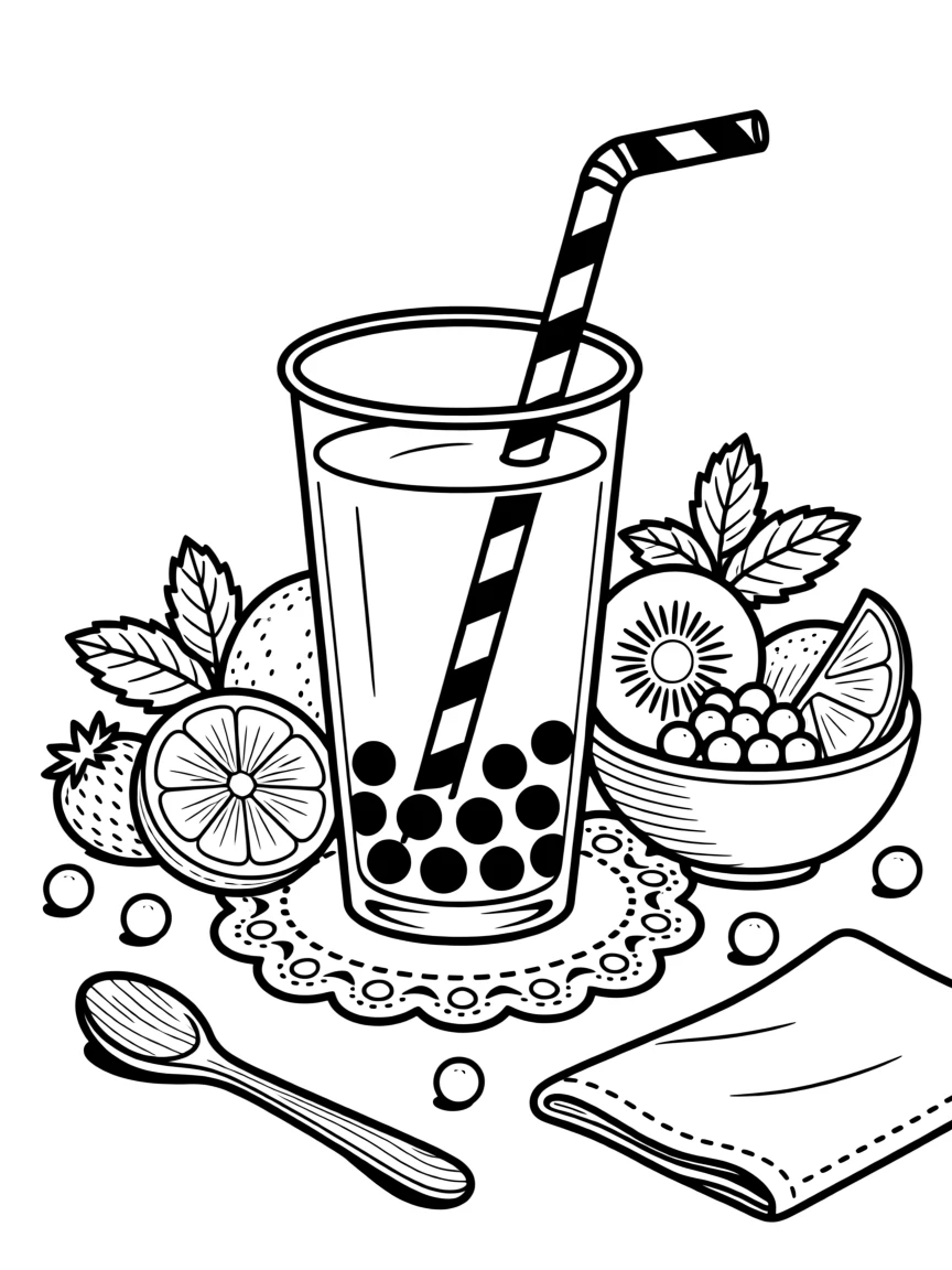 A boba tea with a striped straw and tapioca pearls, with fresh ingredients scattered artfully around it.
