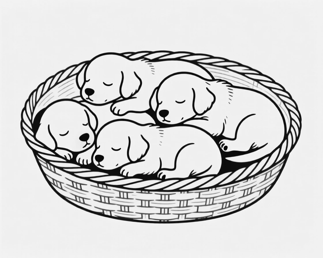 A litter of puppies piled together sleeping in a basket