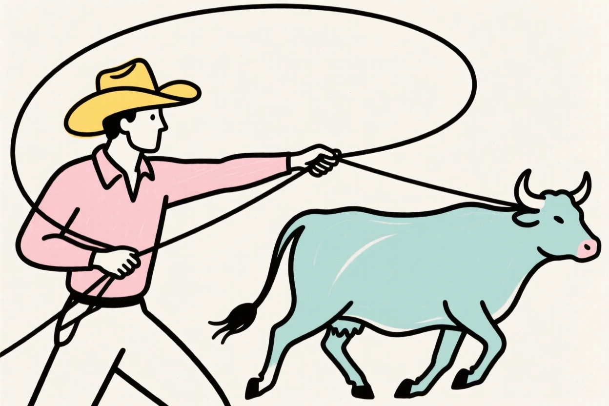 A cowboy roping cattle