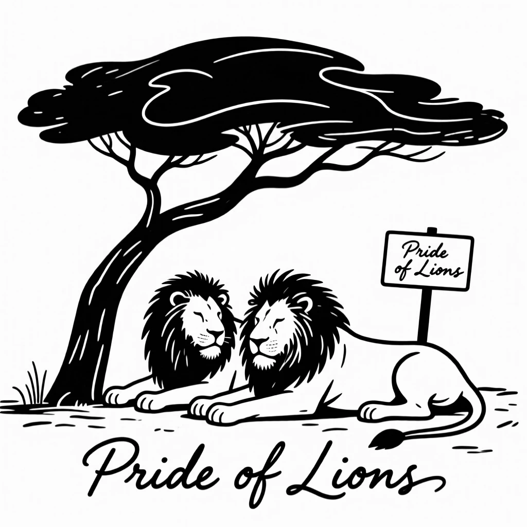 A pride of lions resting together in the shade of a lone acacia tree.
