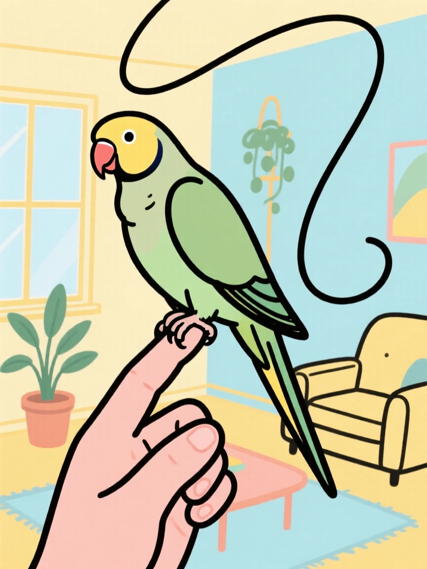 A parakeet perched on its owner's finger inside a cheerful living room.