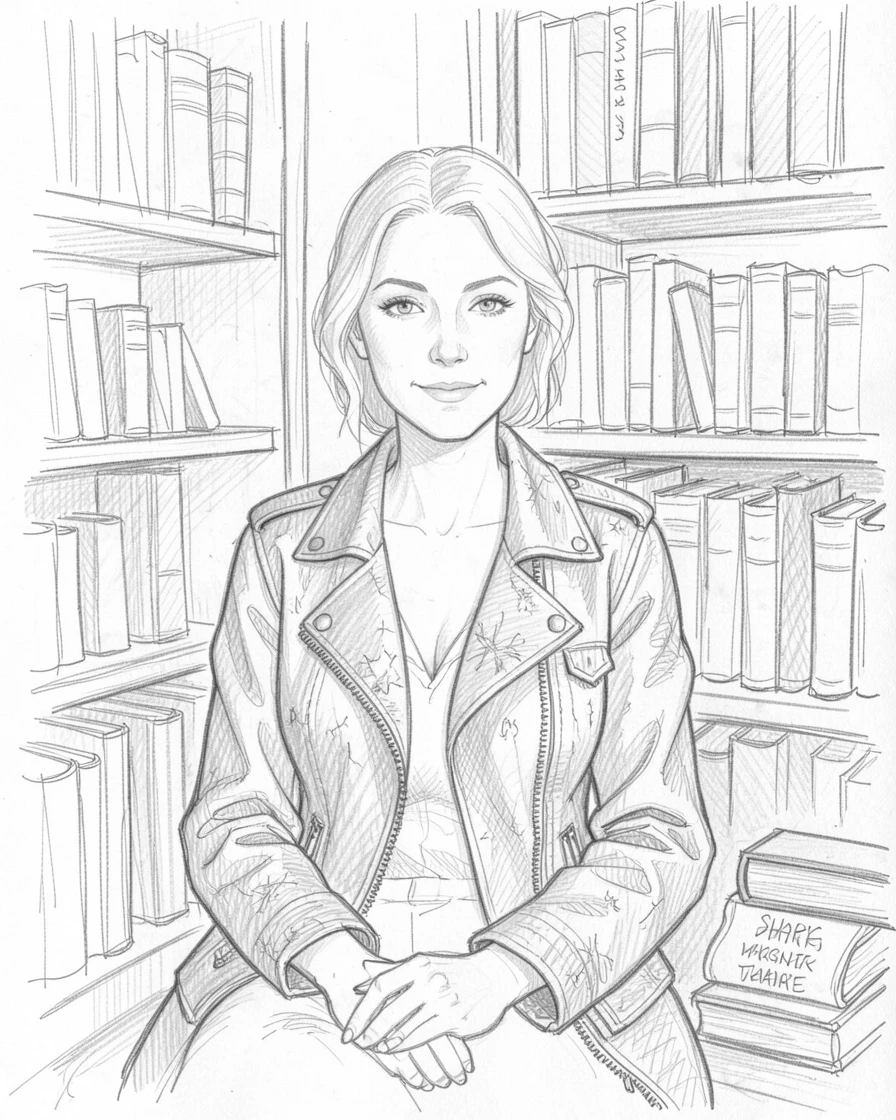 A tender portrait of a radiant bride, wearing a weathered leather jacket, in a quiet library nook.