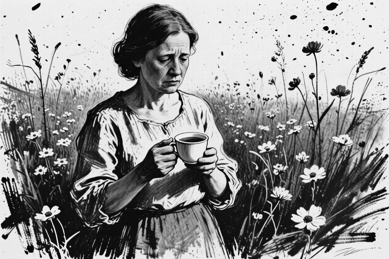 A mother holding a cup of tea with both hands, lost in memory, in a flower-filled meadow.