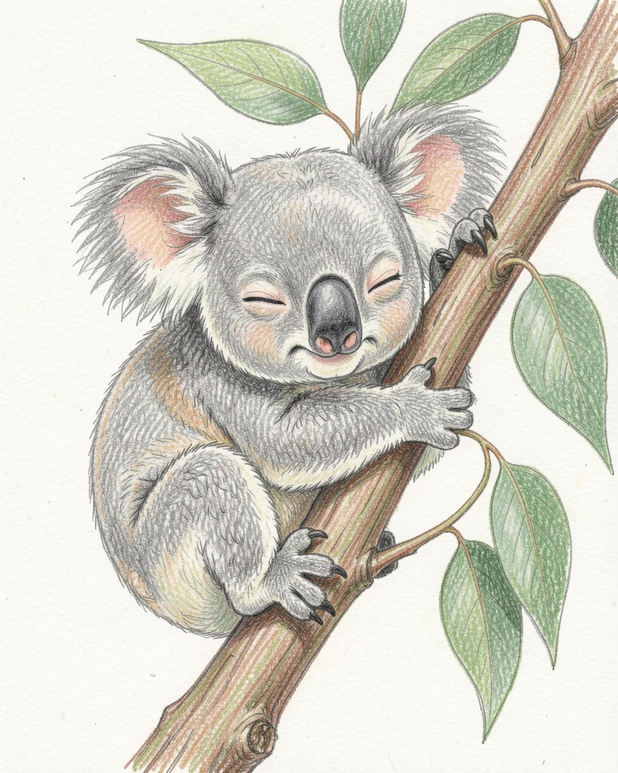 A sleepy koala clinging to a eucalyptus branch, captured in a tender, quiet moment of everyday life, full of playful curiosity and joy.