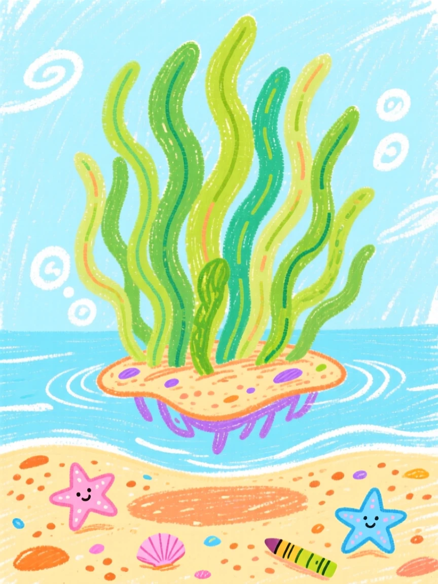 A giant kelp forest floating gently above a sandy seabed.