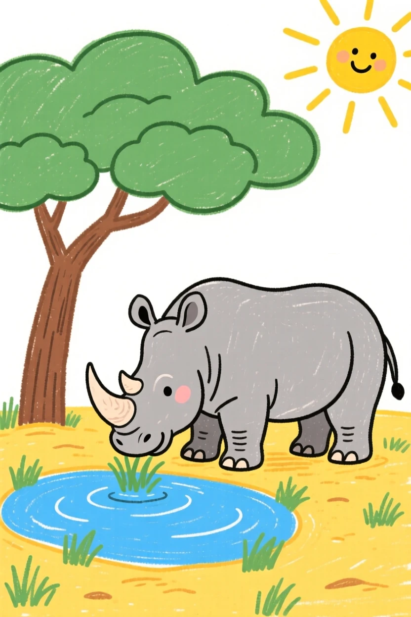 A rhinoceros grazing near a watering hole under a wide acacia tree.