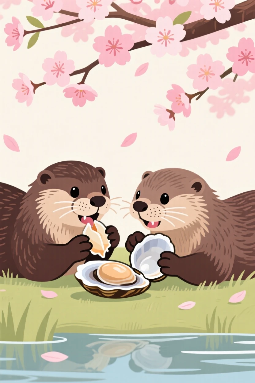 A pair of otters cracking open shellfish on their bellies, set beneath a canopy of cherry blossom trees, grouped together in a playful cluster composition, with a sense of playful curiosity captured perfectly.