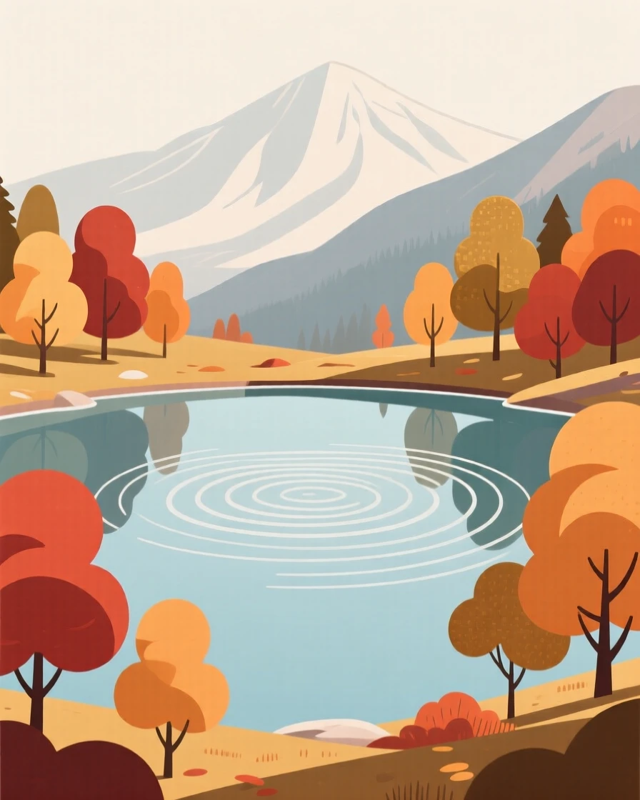 A tranquil alpine tarn surrounded by autumn trees, with gentle ripples on the surface.