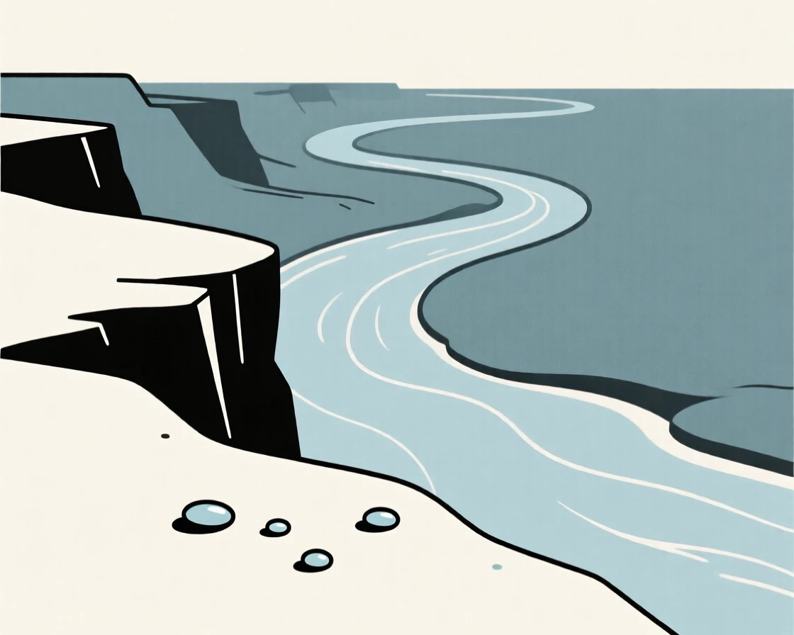 A winding river, standing at the edge of a windswept clifftop, with droplets of morning dew nearby, evokes serene isolation.