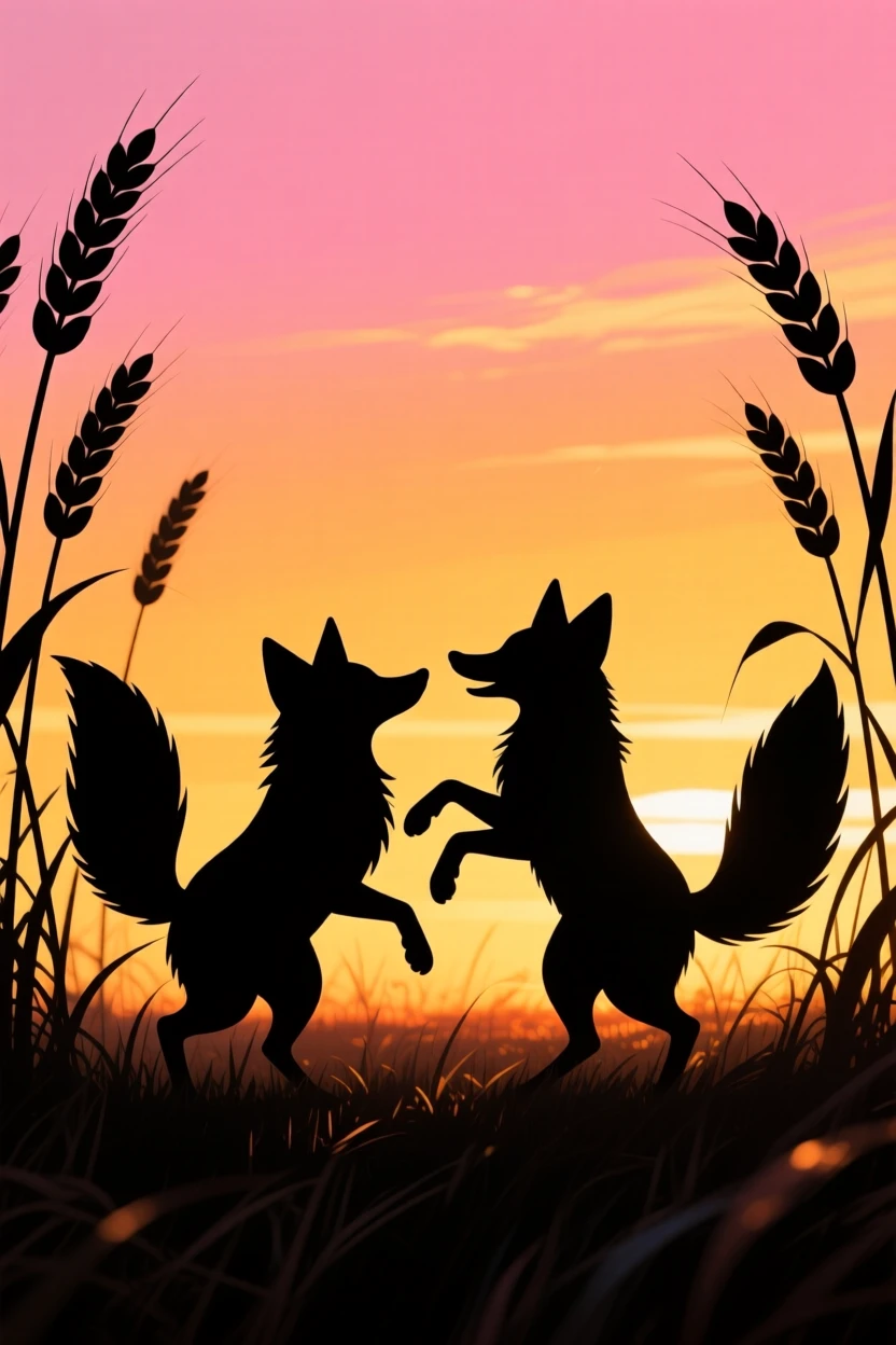 A pair of foxes playing together in a field of tall wheat at golden hour.