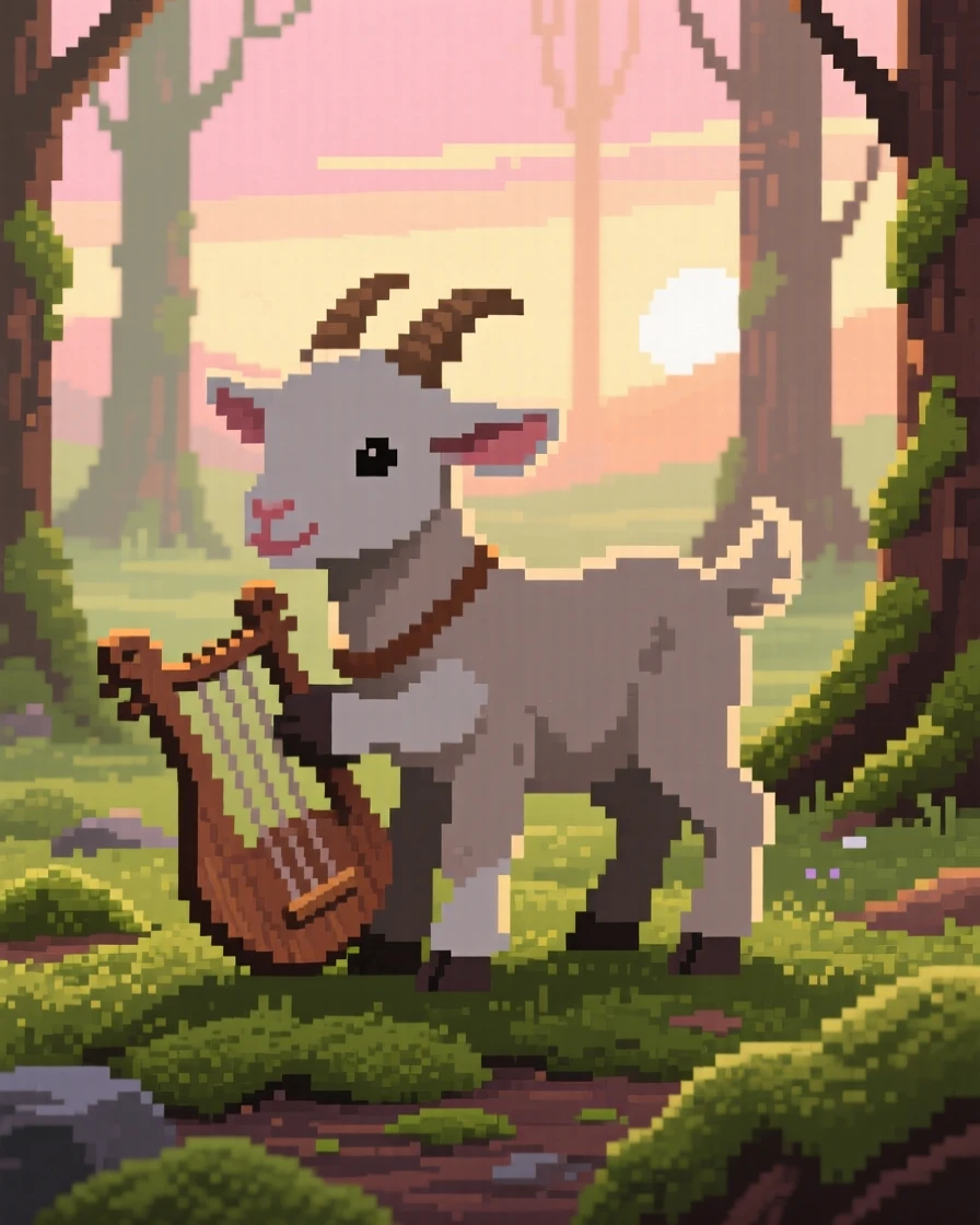 A baby goat playing a tiny handmade instrument, in a mossy forest clearing at dawn.