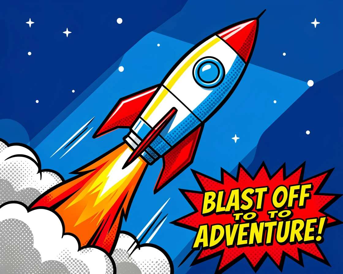 A rocket launching into space trailing fire and smoke