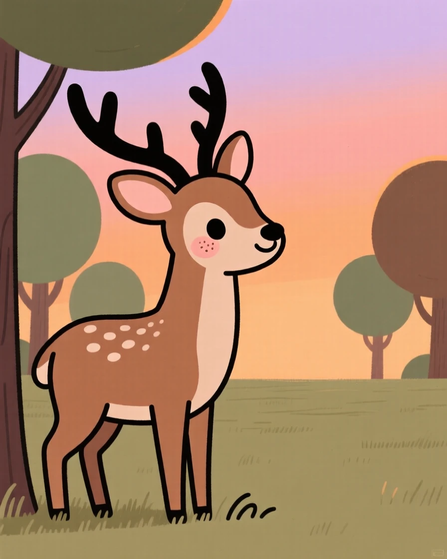 A deer stands at the edge of a forest clearing, watching alertly as the evening glow paints the sky in warm colors.