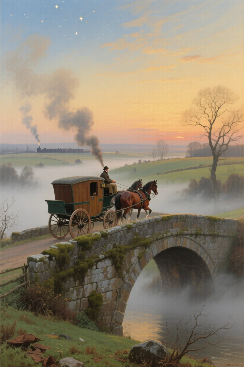 A panoramic view of a rural mail carriage crossing a stone bridge in early morning fog, in the golden age of steam travel, under a canopy of stars.