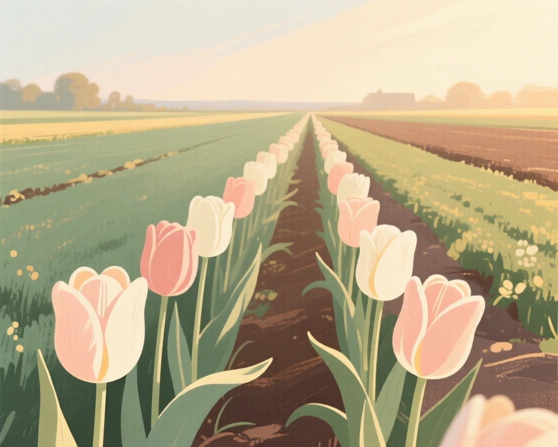 A row of tulips in a Dutch field stretching to the horizon