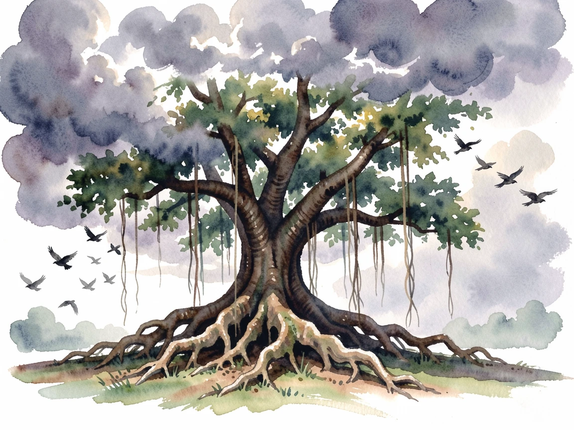 An ancient banyan tree as storm clouds gather with a flock of birds crossing the sky.