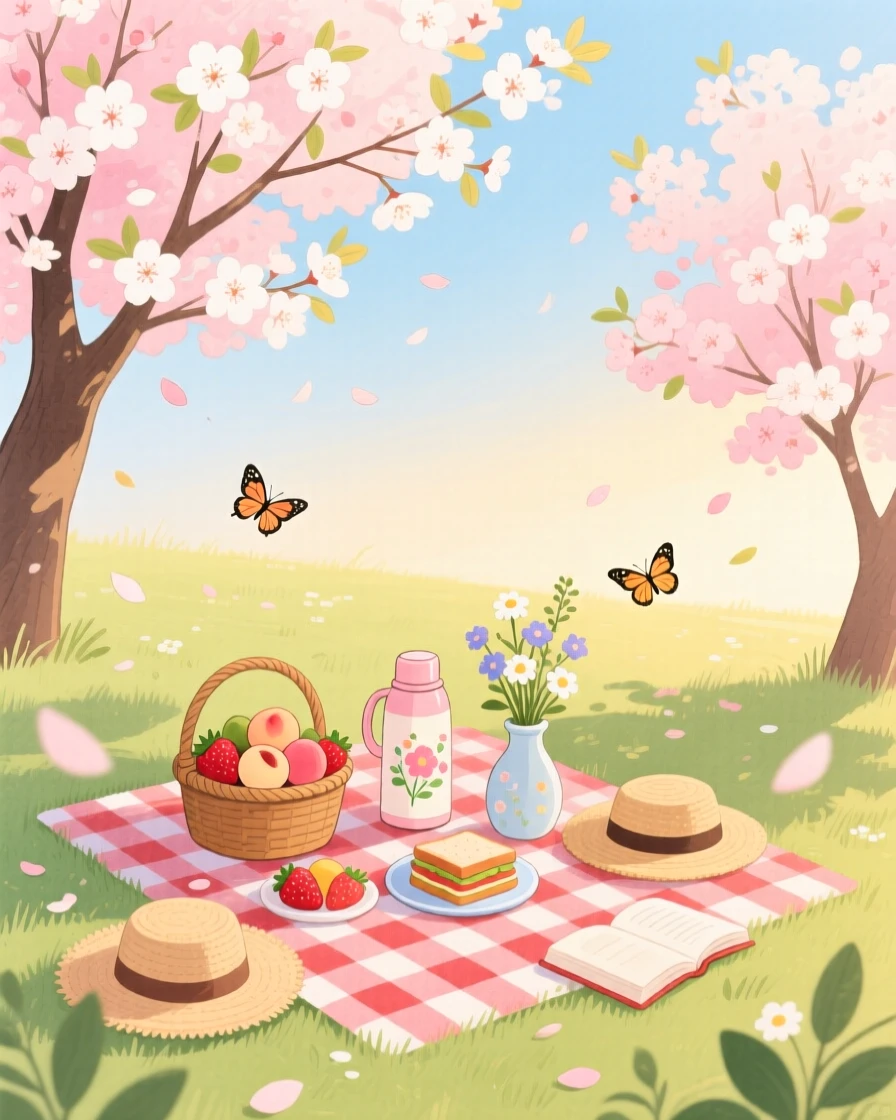 A picnic under cherry blossoms on a warm spring afternoon, filled with seasonal charm.