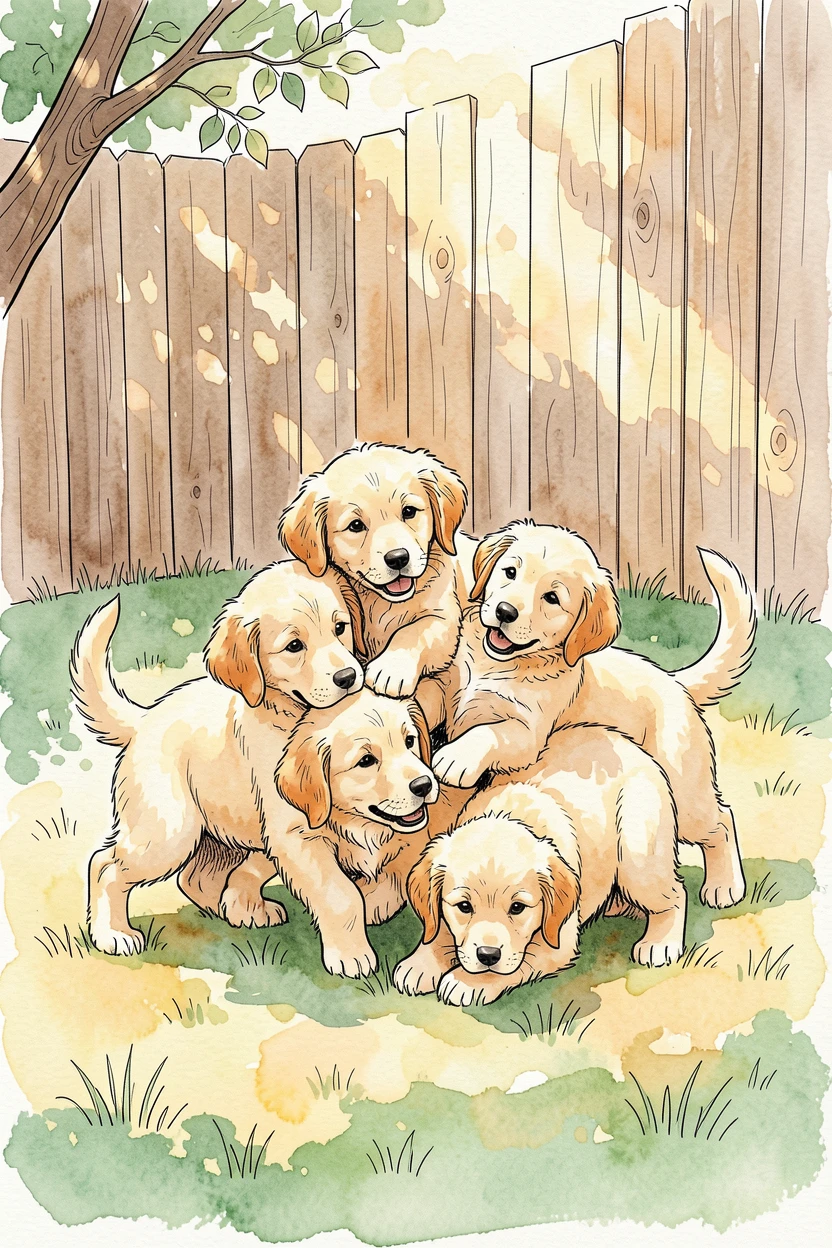 A litter of golden retriever puppies tumbling over each other in a sunlit backyard