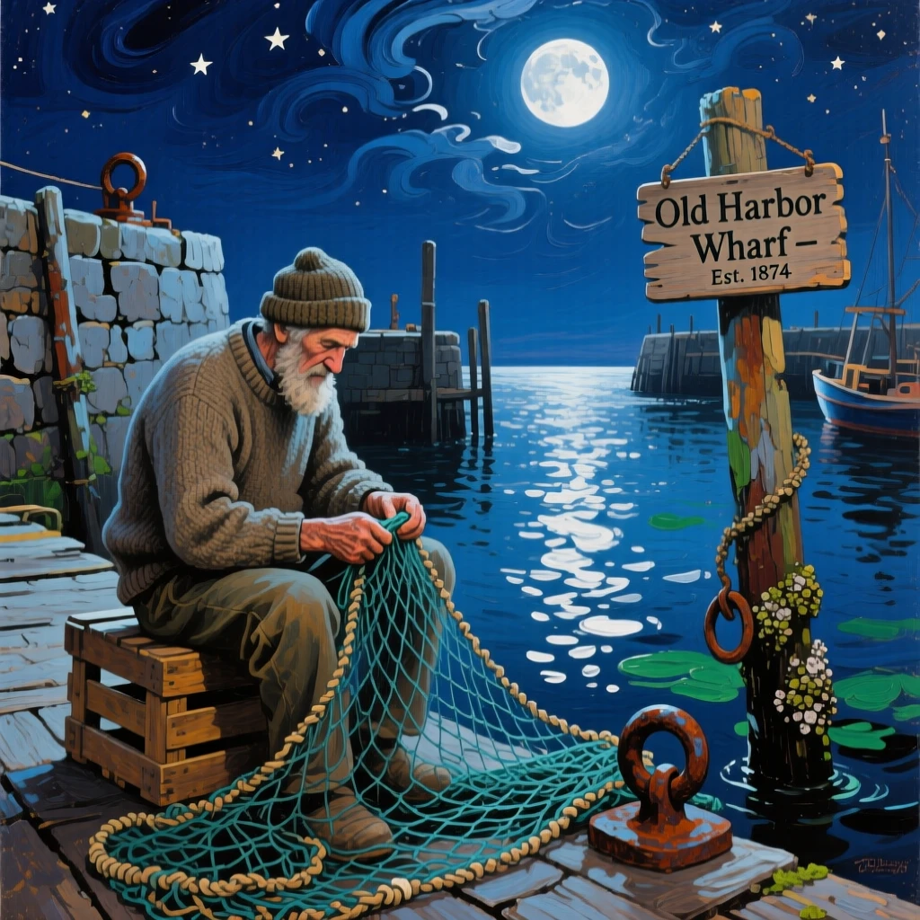 a fisherman mending nets beside a weathered harbor, under a full moon, from an inviting eye-level viewpoint.