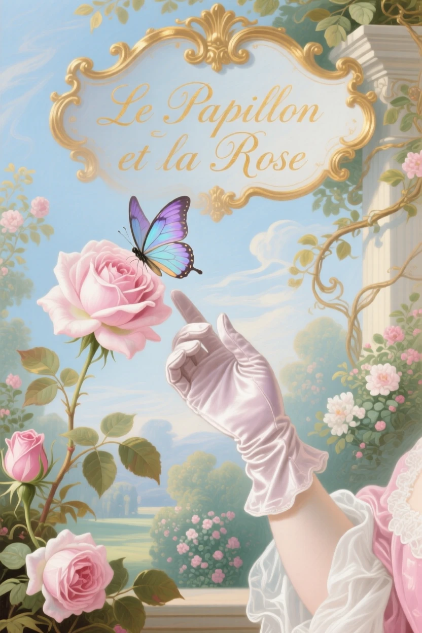 A lady’s gloved hand reaching toward a butterfly resting on a rose  