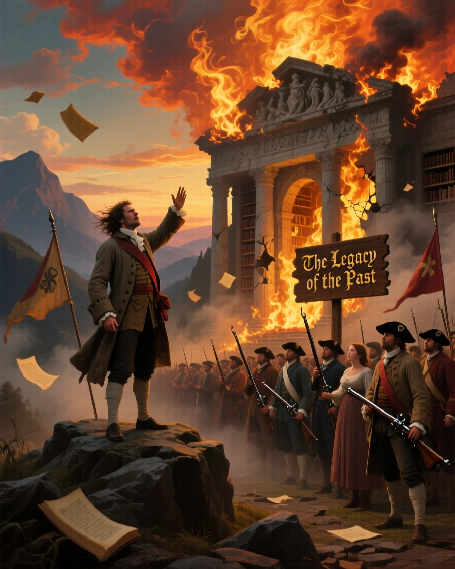 A band of revolutionaries addresses his troops before a burning library filled with ancient scrolls as history is written.