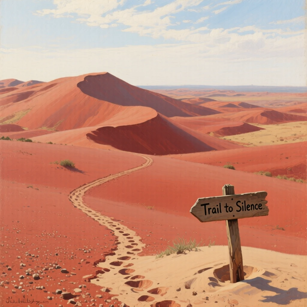 An endless desert of rolling red sand dunes, with a single winding trail leading toward the horizon, offering a moment of stillness amid overwhelming natural beauty