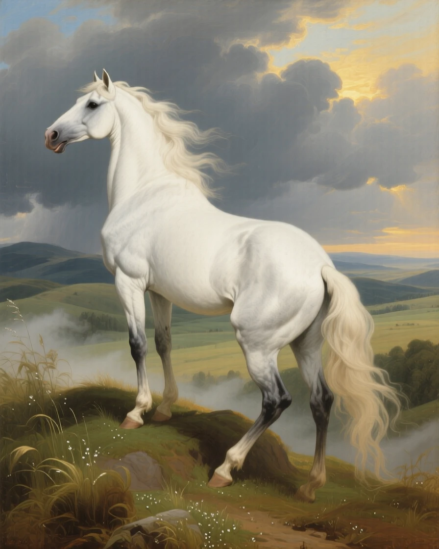 A magnificent white horse rearing dramatically against a stormy sky at the peaceful, unguarded heart of the natural world, set atop a windswept ridge overlooking a vast, open landscape, with dew-covered grass, drifting mist, and soft golden light; the animal is placed off-center to leave room for the vast, breathing landscape, capturing a quiet, breathtaking moment of wild grace.