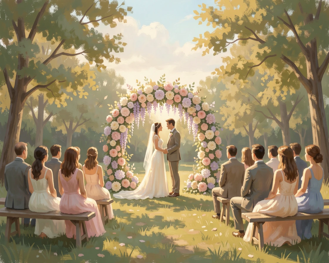 A garden wedding ceremony beneath a flower-covered arch as guests watch from wooden benches.