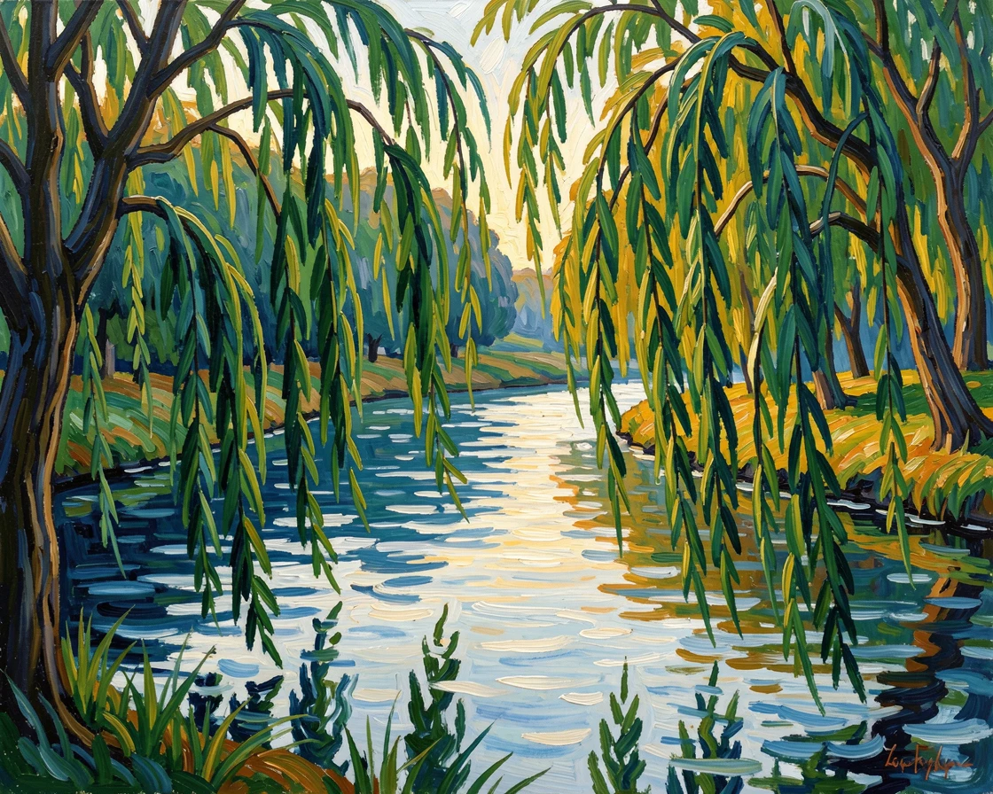 A quiet river bend surrounded by weeping willows trailing into the water.