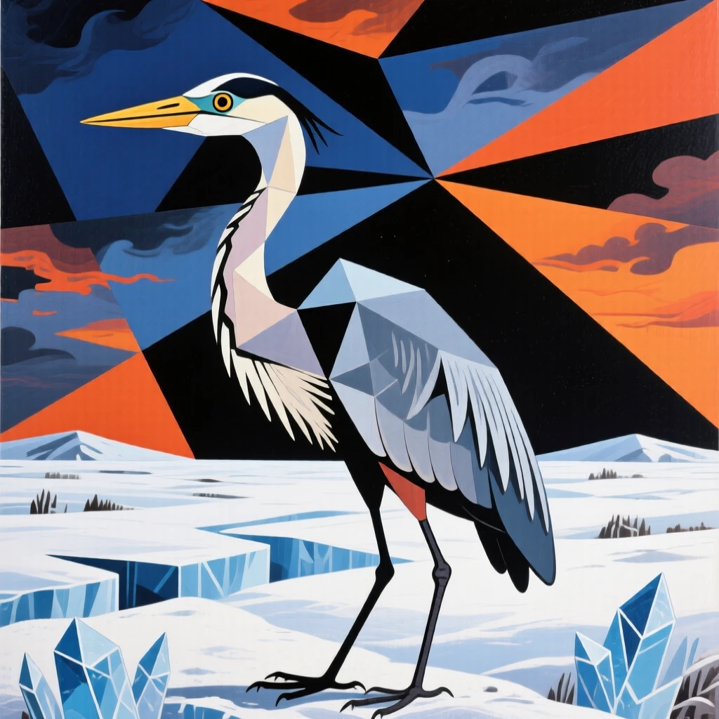 A striking view of a heron standing alert on a frosty tundra plain beneath a dramatic sky.