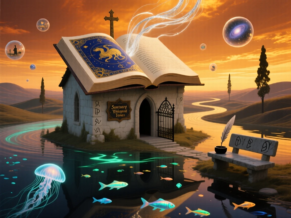 A chapel whose roof is an open book stands silent beneath a sky the color of amber, while its reflection ripples across a sky full of water.