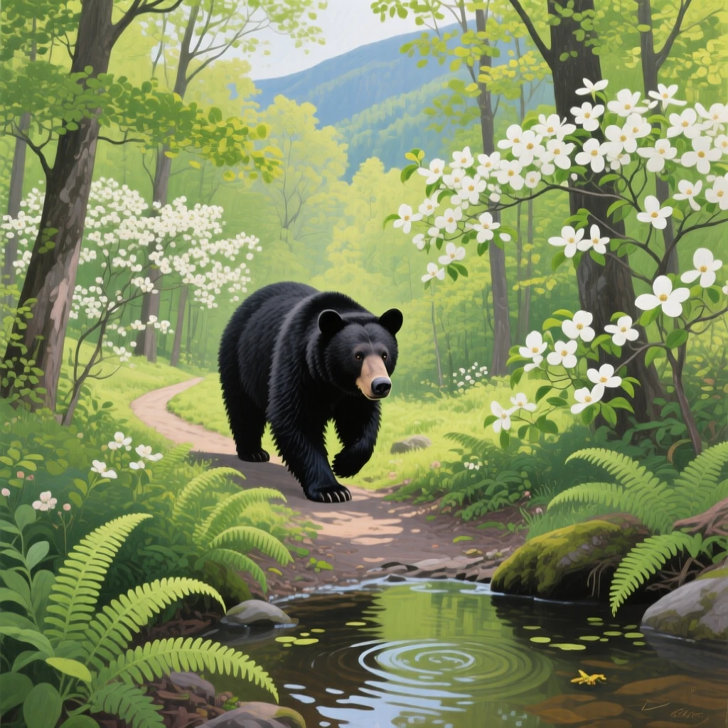 A vibrant spring forest in the Appalachians shows dogwood trees in full white bloom scattered among the greening canopy, a black bear ambling along a fern-lined trail below, small ripples or movement in the foreground giving the otherwise still setting a sense of quiet life.