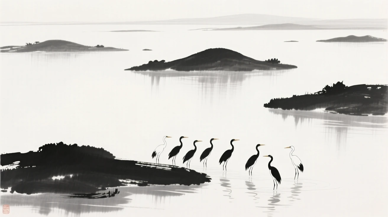 a wide lake dotted with small islands, with a flock of egrets wading in the shallows.