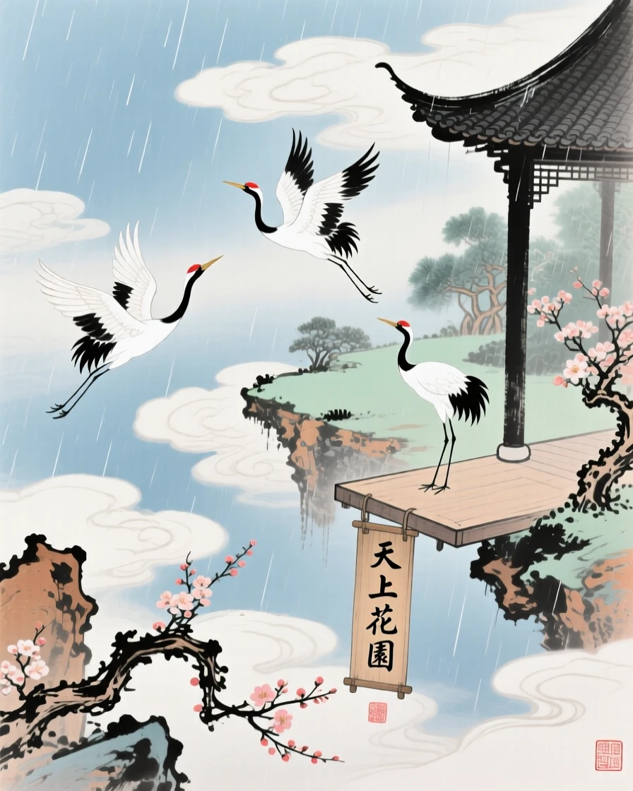 A celestial garden suspended above the clouds, reachable only by cranes, through a curtain of fine rain, brimming with peaceful contentment.