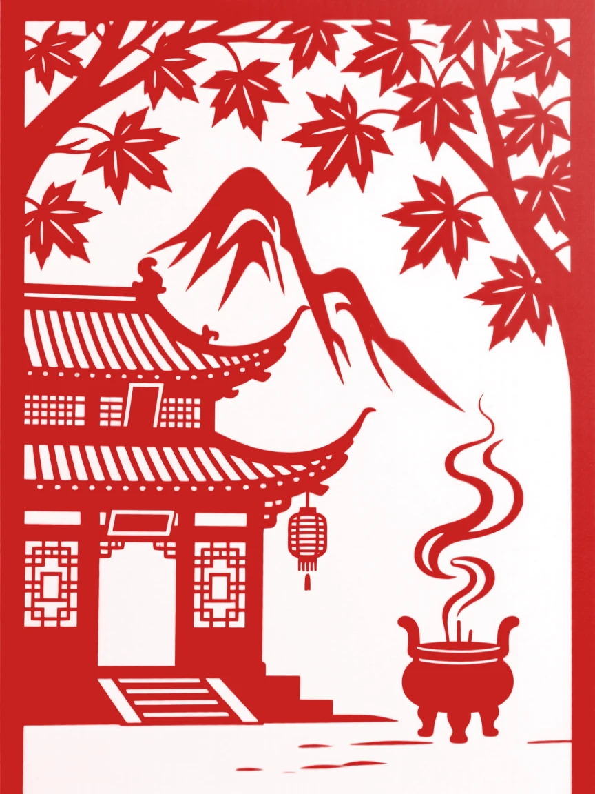 A mountain monastery, beneath a canopy of autumn maple leaves, smoke curling gently from a nearby incense burner.