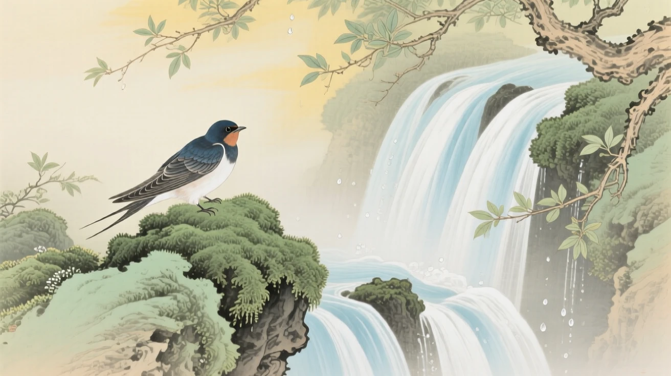 A swallow perched atop a moss-covered rock near a waterfall, soft morning light filtering through the branches