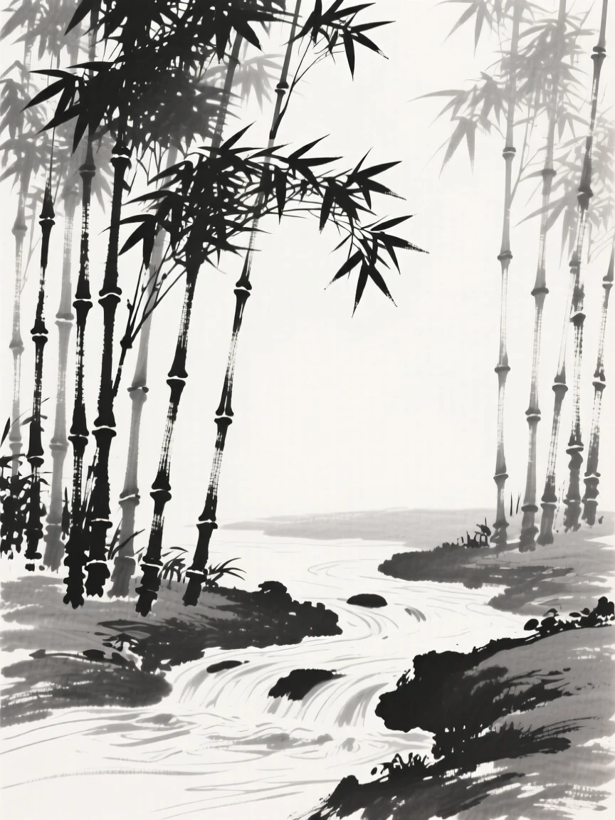 A grove of tall bamboo along the bank of a slow-moving stream, framed asymmetrically for quiet visual balance, celebrating the fleeting beauty of the season.