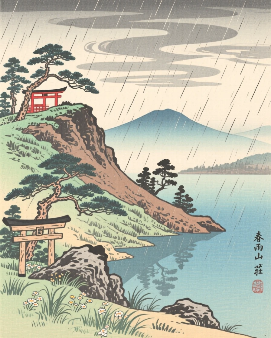 A windswept alpine ridge, overlooking a still alpine lake, during a gentle spring rain.