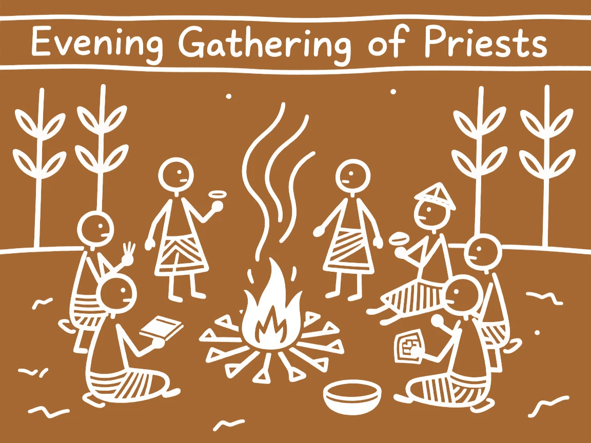 A village priest gathering for an evening meeting around a communal fire pit.
