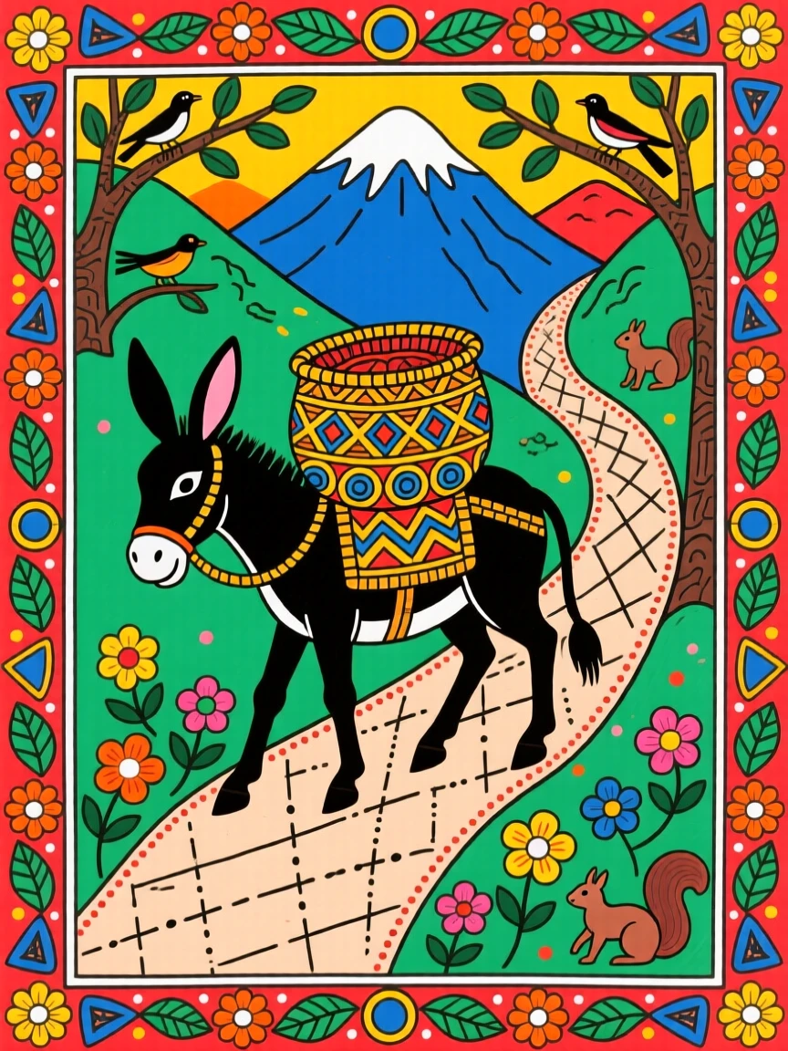 A donkey loaded with baskets walking a mountain path.