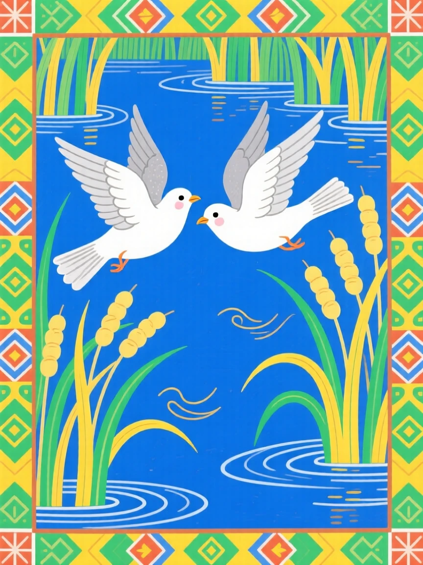 A pair of doves gliding together among reeds at a marsh.