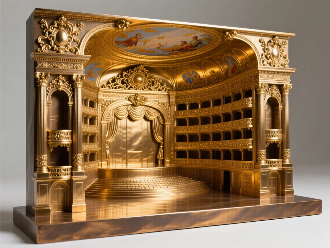 A grand opera house with an ornate golden interior, with intricate architectural detail throughout, exuding timeless grandeur