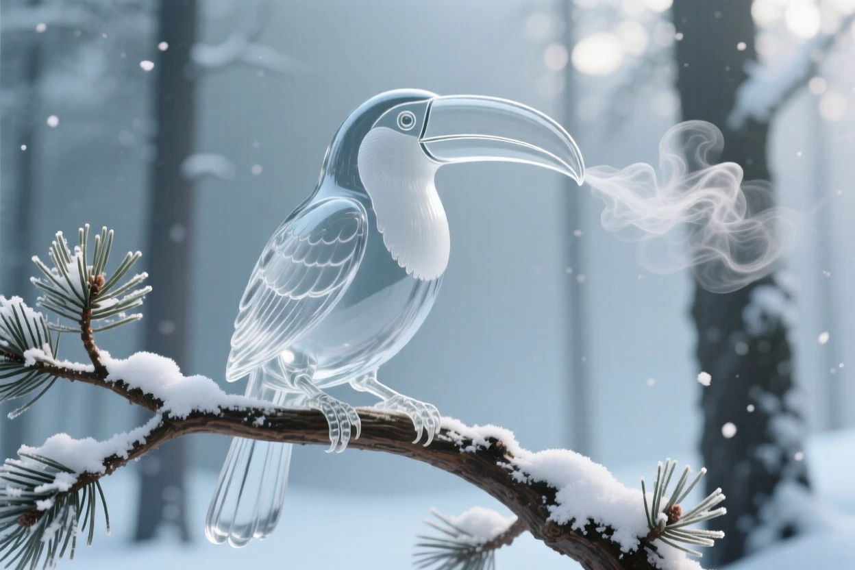 A toucan in a snow-dusted pine forest, breath visible in the cold air, soft winter light giving the scene a hushed, peaceful feeling.