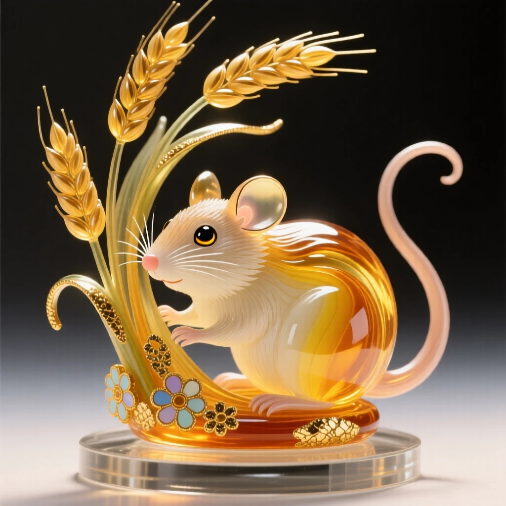 A tiny field mouse nestled among wheat stalks, gentle and intimate, golden hour light glowing.