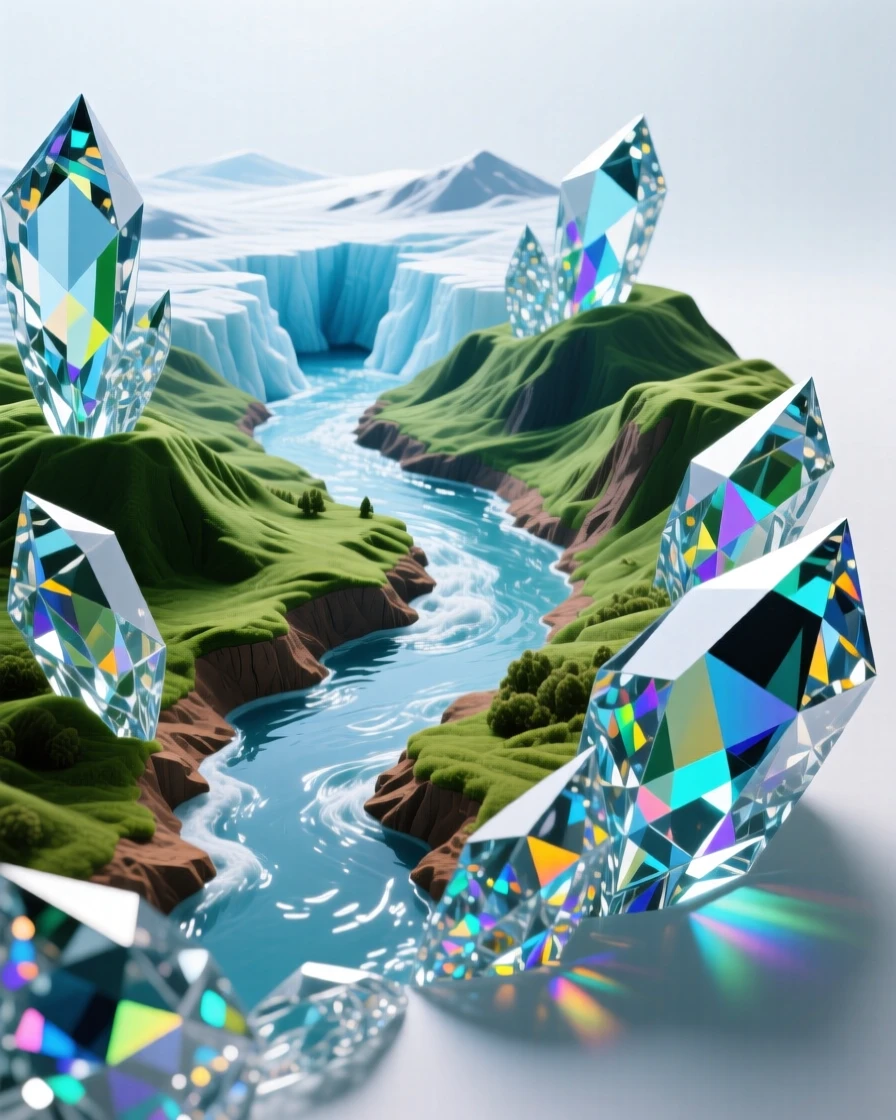 A glacier-fed river carving through green valley terrain, aerial view.