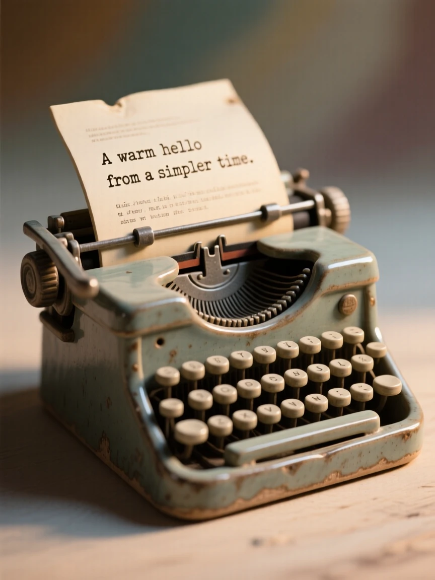 A vintage typewriter with a page mid-type illuminated by a single warm light source, set against a softly blurred background, radiating warmth and homely comfort.