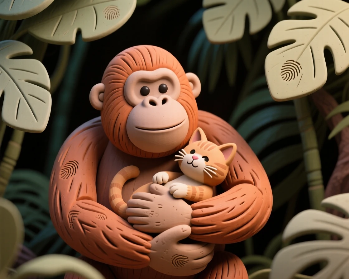 An orangutan cradling a small kitten gently in the jungle canopy