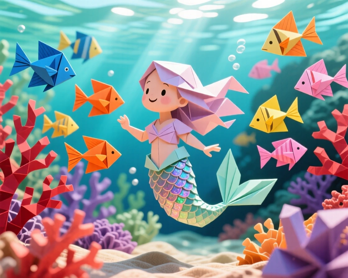 A mermaid child playing tag with a school of colorful fish in a sunlit coral reef.