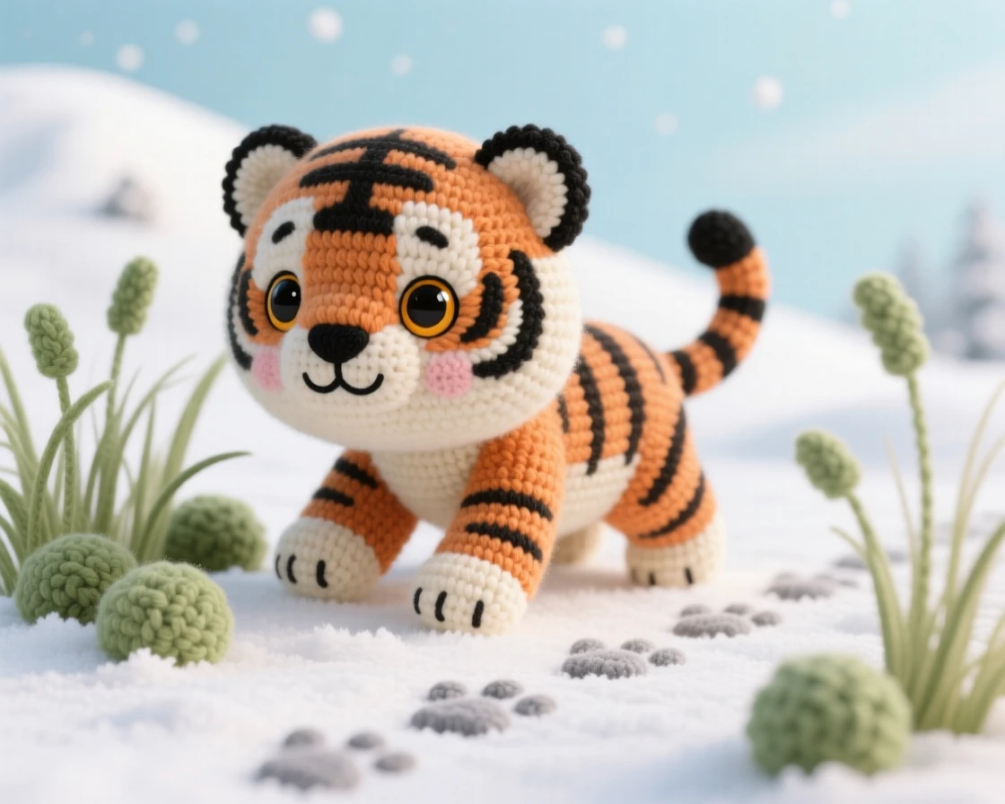 a baby Bengal tiger cub, with soft orange stripes and round paws, stalking playfully through tall grass, set in a snowy hillside under a pale winter sky, with a trail of small paw prints in the snow, evoking quiet contentment and gentle curiosity.